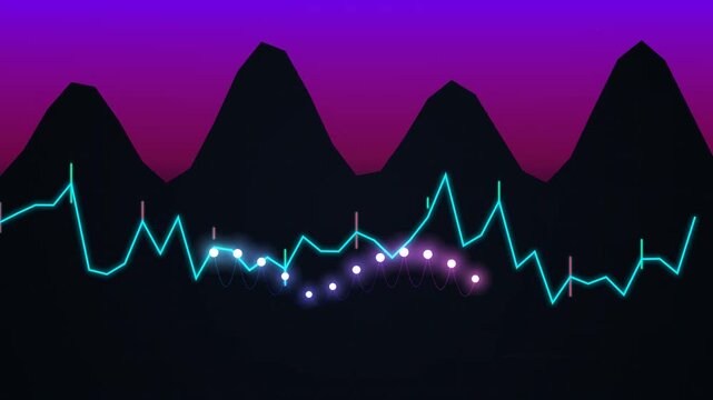Digital financial chart overlay with neon glowing wave lines and nodes