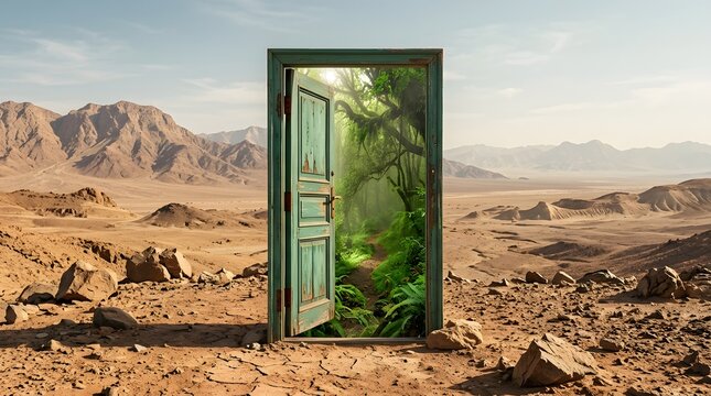 An open door standing in a dry desert leading to a lush green forest
