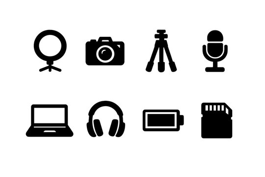 Creator Studio Icons. Creator studio essentials. Filled icon set of Creator studio essentials: ring light,