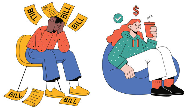 Split composition showing stressed person with bills on one side and relaxed lifestyle with passive income on the other, clear before and after contrast, minimal vector style