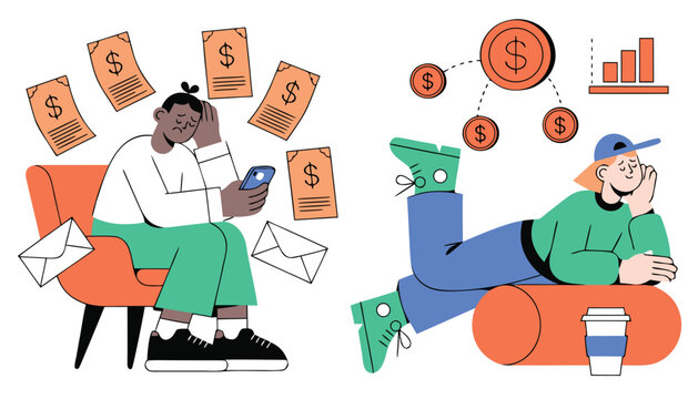 Split composition showing stressed person with bills on one side and relaxed lifestyle with passive income on the other, clear before and after contrast, minimal vector style