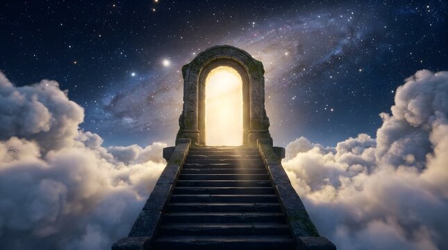 Stone archway with stairs leading to a glowing portal in the night sky