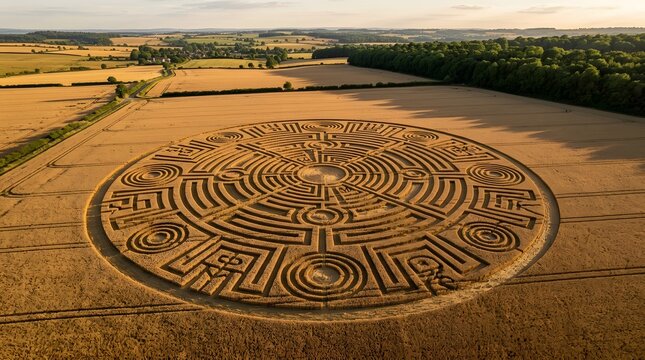 Aerial view of a mysterious circular crop circle pattern in a wheat field