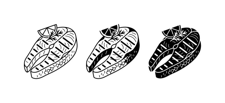 Grilled Salmon Steaks, Seafood Icons, Healthy Food Vector Graphics, Black and White