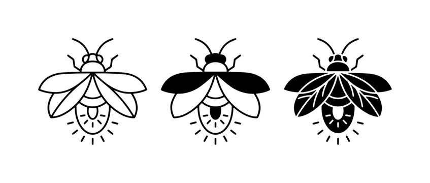 Firefly Icons Set, Bioluminescent Insect Vector Graphics, Light Bug Illustrations