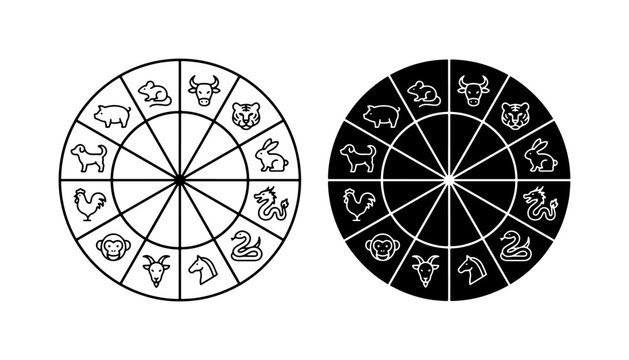 Chinese Zodiac Wheel Icons, Animal Signs Set, Astrology Calendar Symbols, Vector Graphics