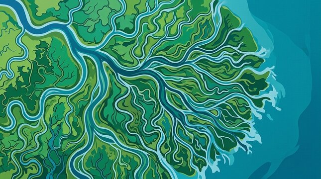River delta branch aerial vivid river delta branch channel pattern aerial illustration