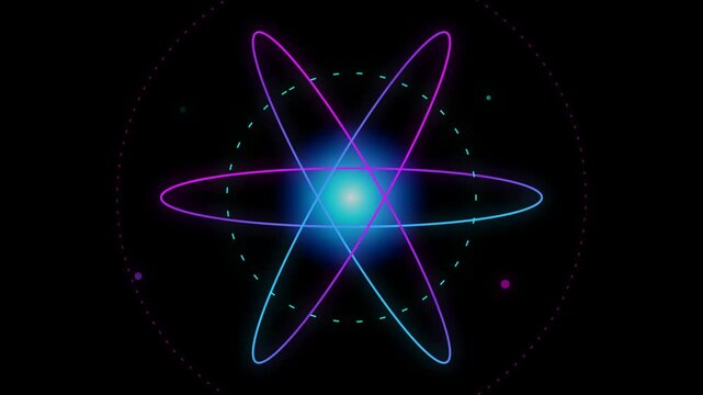 Futuristic glowing atom with vibrant neon orbits an abstract scientific illustration perfect for technology quantum physics and innovation