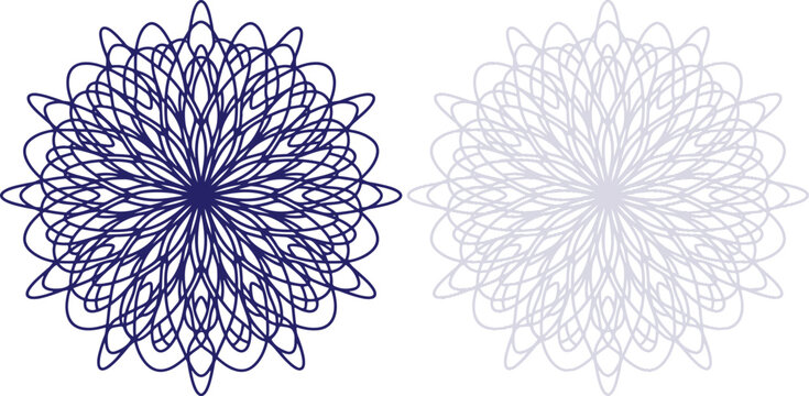 Guilloche Pattern Circular Design in Dark Blue and Faint Outline Isolated on White Background