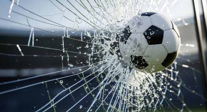 Soccer ball crashes through a sheet of glass creating a pattern of cracks and sharp shards in a high speed impact.