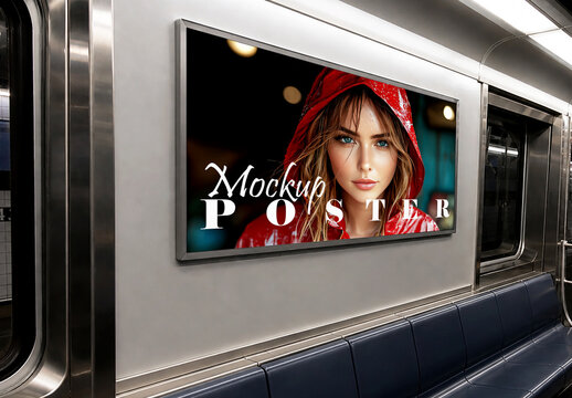 Subway train advertising poster mockup with cinematic fashion portrait