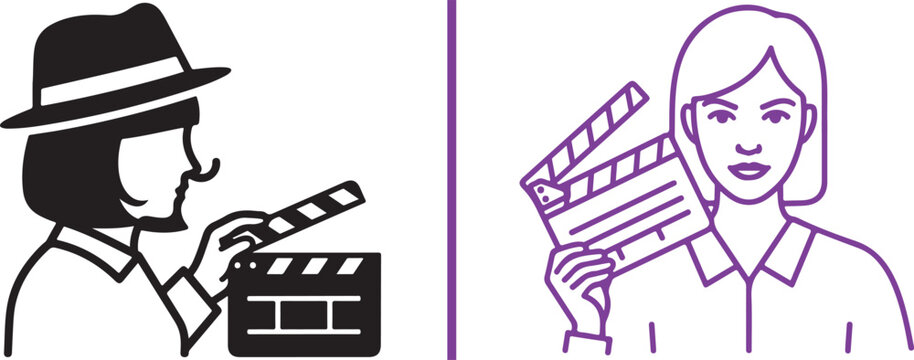 Vector icons of a person in disguise and a woman holding movie clapperboards. Representing film production, acting roles, and cinema industry