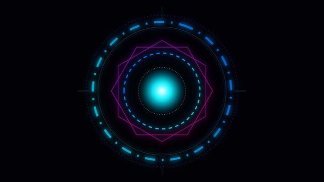 Abstract futuristic glowing HUD element featuring concentric neon rings and a central light ideal for technology gaming and data visualization interfaces