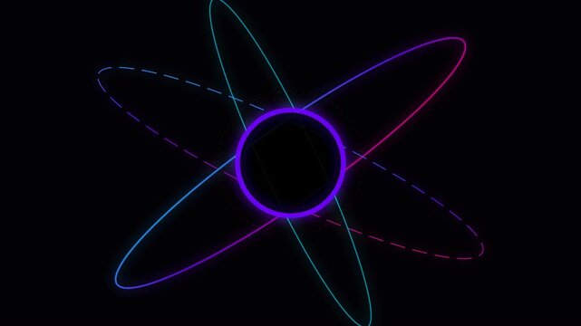 Abstract neon atom with glowing orbits representing quantum physics technology and interconnected data on a dark background
