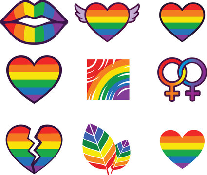 Rainbow Pride Icons Bundle, LGBTQ Heart Clipart Set, Love and Equality Symbols, Colorful Pride PNG Collection
Colorful LGBTQ pride icons bundle featuring rainbow hearts, pride lips, equality symbols, 