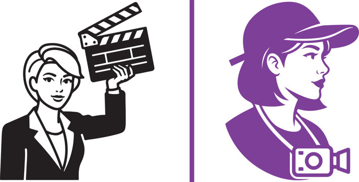 Vector illustration of a female film producer with a clapperboard and a videographer. Representing movie production and media industry roles