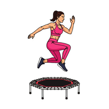 Athletic Woman Performing Cardio Exercise on Mini Trampoline Rebounder Vector Illustration