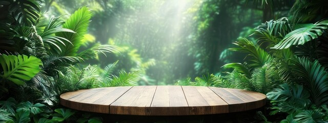 Fototapeta premium Round wooden platform in a sunlit, misty rainforest clearing surrounded by lush tropical leaves and ferns, serene and inviting