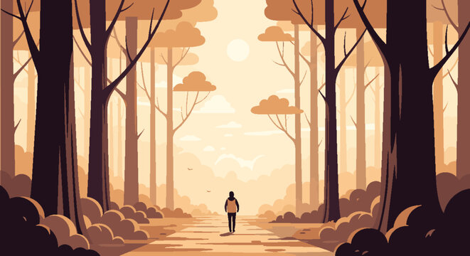 Solitary figure walks down a path in a serene, sun-drenched forest with tall trees and soft clouds.