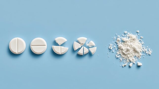 White round pill tablet breaking down into smaller pieces and then into powder on light blue background showing medication disintegration process in stages