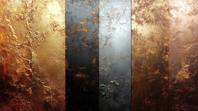 vertical weathered metallic panels in gold, copper, bronze, black and silver with rusted textures and moody aged patina