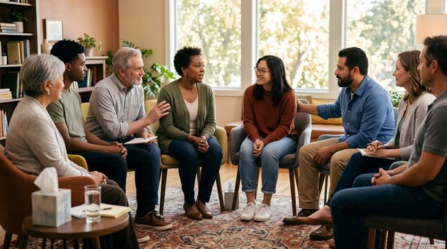 Diverse group of people participating in a supportive therapy session