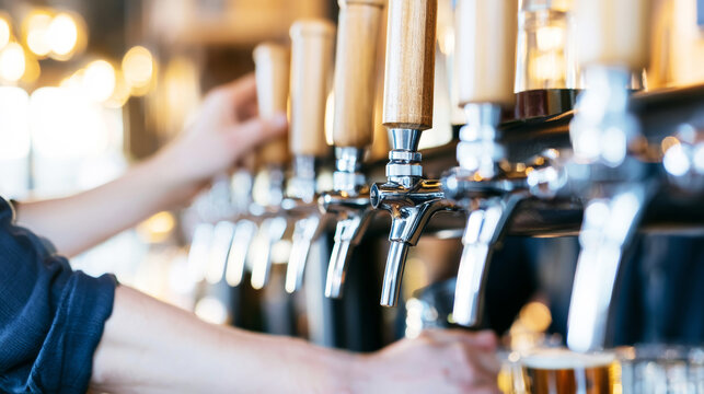 Barman pouring fresh draft beer into a glass, highlighting the beverage service, hospitality, and brewery experience