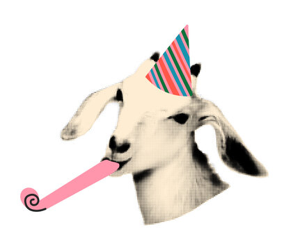 Happy birthday element for collage. Halftone goat wearing party hat and blowing in party horn. Birthday celebration clip art. Modern retro mixed media vector illustration on transparent background