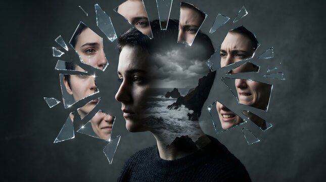 Woman with a sad expression surrounded by shattered mirror fragments