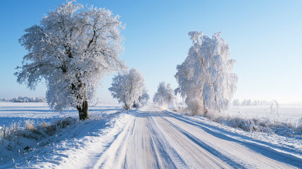 Fototapeta premium Snow covered rural road winding through frosted trees under clear blue winter sky, soft light illuminating path ahead