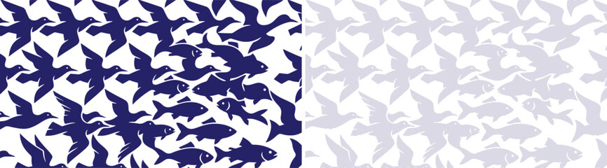Obraz premium Birds and Fish Tessellation Pattern in Dark Blue and White Escher Style on a transparent background