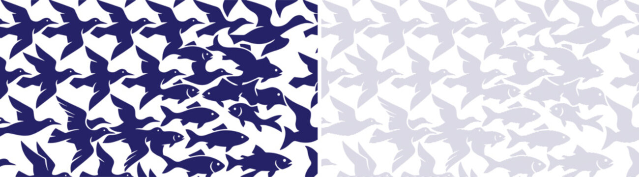 Birds and Fish Tessellation Pattern in Dark Blue and White Escher Style on a transparent background