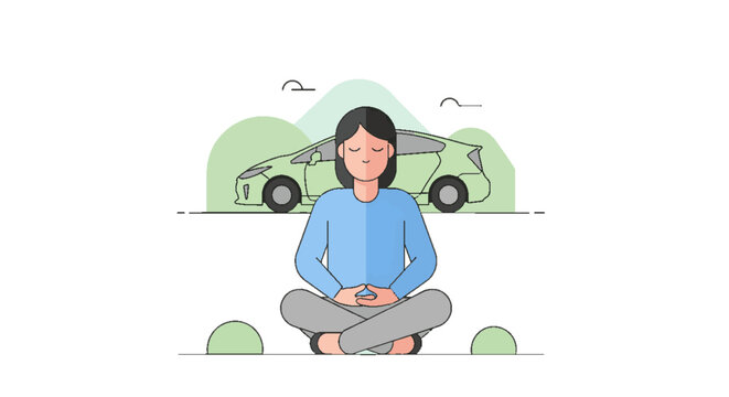 Woman meditating peacefully in front of a green hybrid car, symbolizing eco-friendly transportation and mindfulness