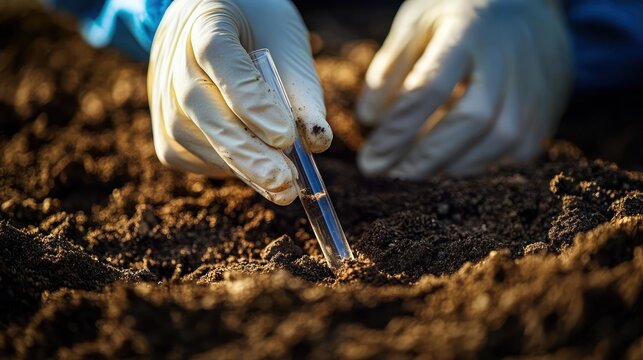 gloved hands carefully placing a glass test tube into rich brown soil for focused field sampling and precise environmental analysis