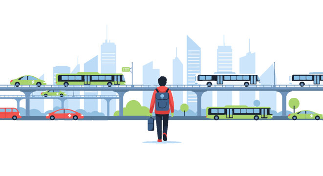 Modern urban commute: Person walking towards city skyline with multi-layered transportation, cars, buses on elevated roads. Flat vector.