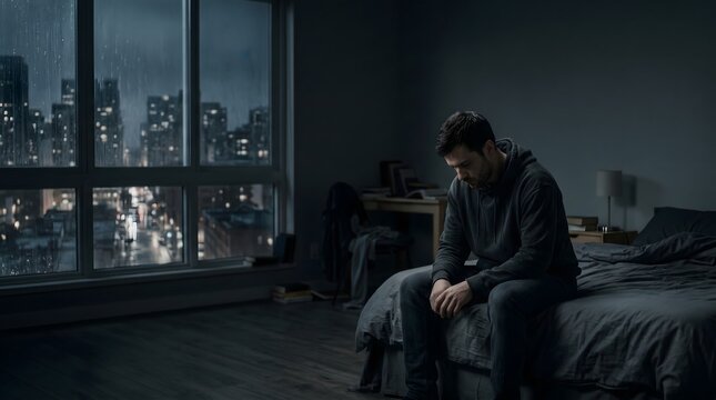 Depressed man sitting alone on a bed in a dark apartment during rain