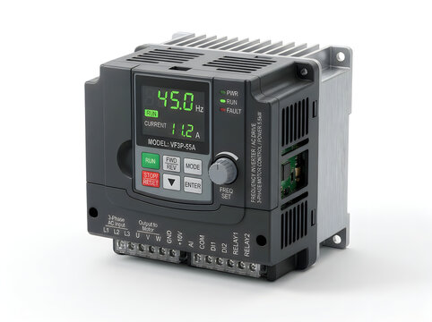 High-precision industrial variable frequency drive unit displaying 45.0 Hz frequency with analog dial and digital interface on clean white studio backdrop