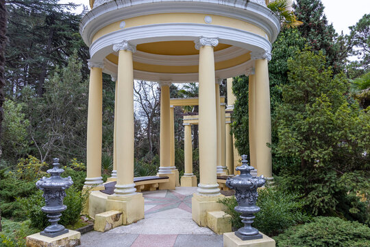 Antique cast-iron flower pots in the Arboretum park in Sochi. A monument of landscape art. Collection of subtropical flora and fauna. Park architecture and sculpture of the 19th century.
