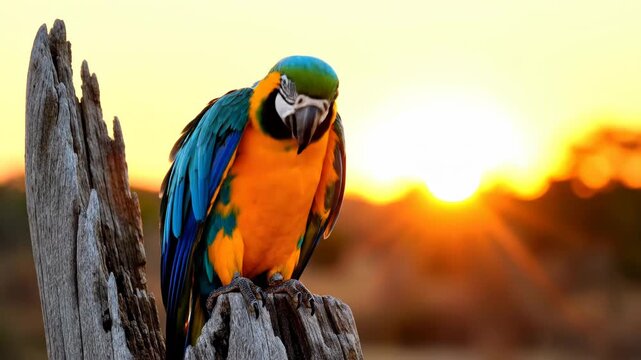 Vibrant Blue and Yellow Macaw Parrot Perched on a Weathered Wooden Tree Stump at Sunset. Close-up Portrait of an Exotic Ara Ararauna Bird against a Golden Hour Bokeh Background.