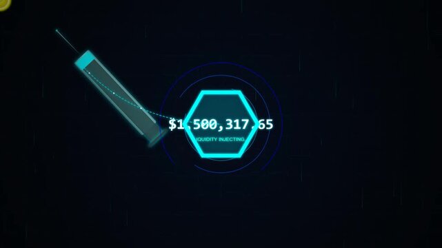 Digital motion graphic animation of a syringe injecting financial liquidity