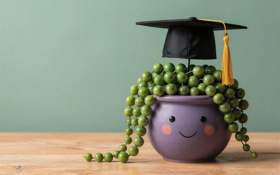 Graduation cap atop smiling pot with green beaded plant symbolizing