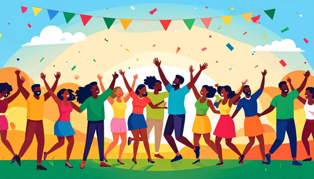 Juneteenth African American Culture Celebration Vector Poster with Dancing Crowd Silhouettes