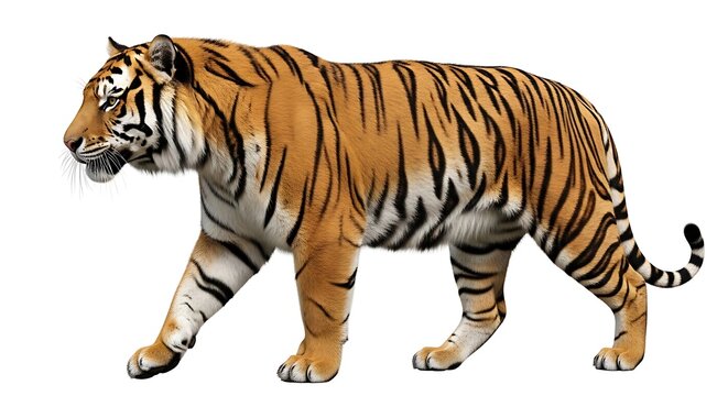 Majestic tiger walking in profile view.