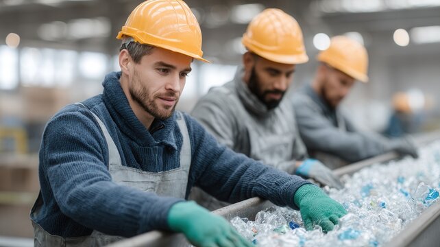 Workers sorting plastic bottles on a conveyor belt in a recycling plant, contributing to waste management and sustainability