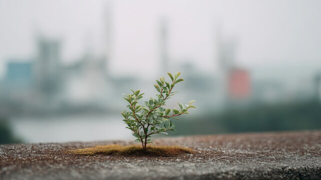 Green plant striving for life growing through concrete with blurred industrial city background