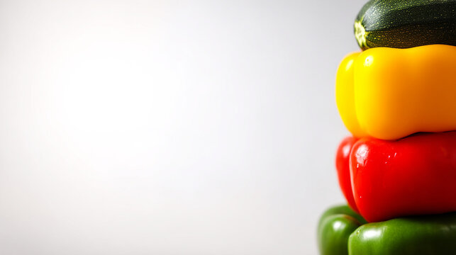 Stack of colorful bell peppers and zucchini on white background with bell pepper