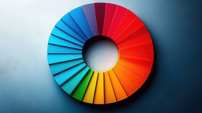 vibrant circular ring of color swatches arranged in a smooth gradient from cool blues to warm reds and yellows on a textured blue-gray background, modern and energetic