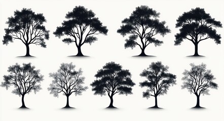 Obraz premium Ten elegant black tree silhouettes arranged in two rows on a light background, detailed branches and canopies with soft shadows conveying a calm minimalist nature study