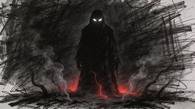 Dark shadow figure with glowing eyes in smoky chaos