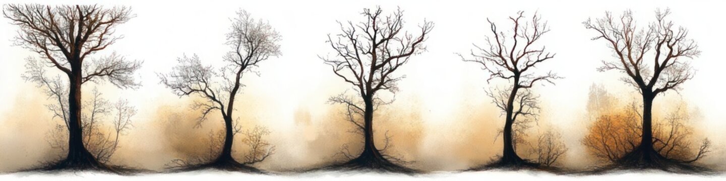 row of six bare trees with sparse underbrush in a sepia misty minimalist landscape evoking quiet melancholy
